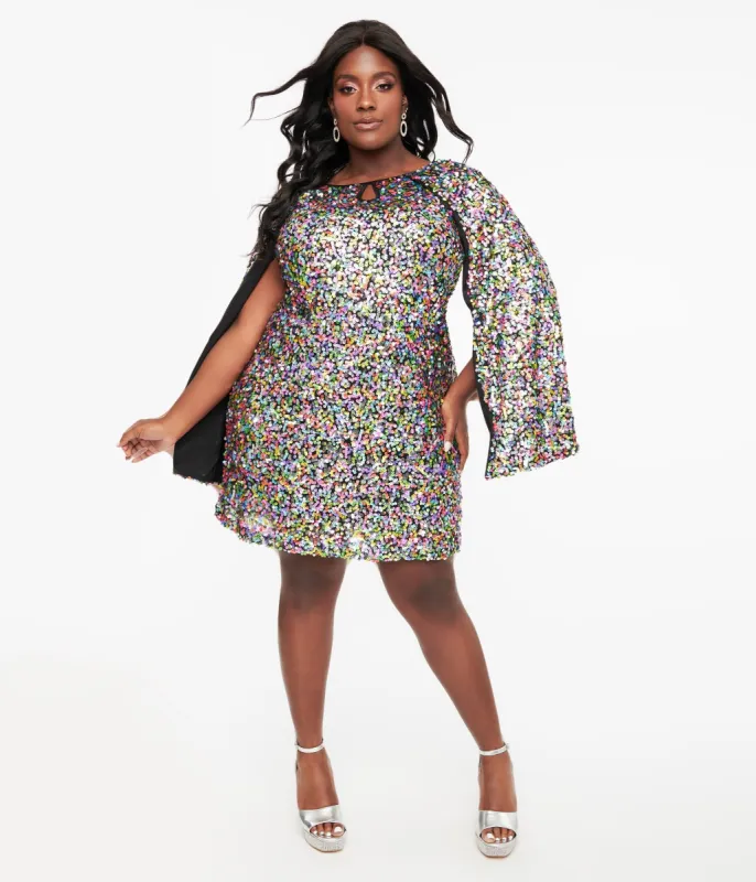 Smak Parlour Plus Size 1960s Rainbow Sequin Cape Sleeve Shift Dress sold by Unique Vintage