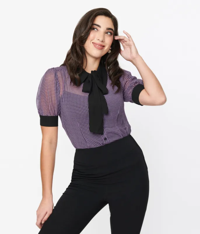 Voodoo Vixen Black & Purple Gingham Neck Tie Blouse sold by Unique Vintage