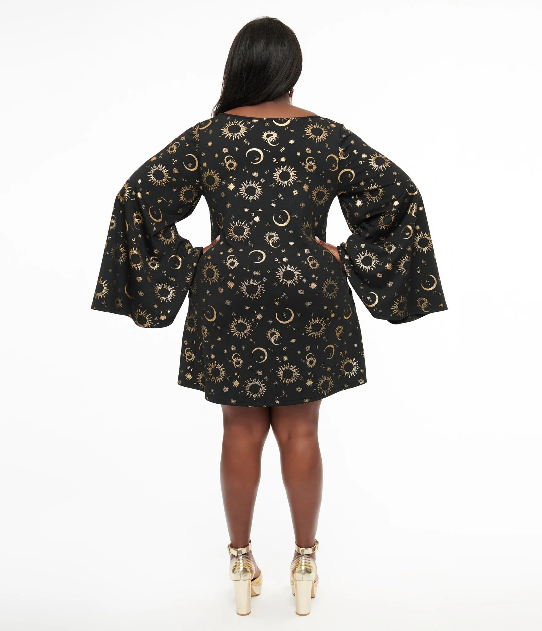 Smak Parlour 1960s Plus Size Black & Gold Celestial Print Mini Dress sold by Unique Vintage product image thumbnail 2