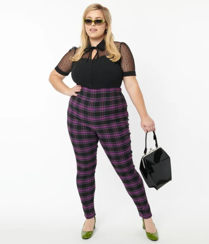 Unique Vintage Plus Size 1970s Purple & Black Plaid Rizzo Cigarette Pants sold by Unique Vintage
