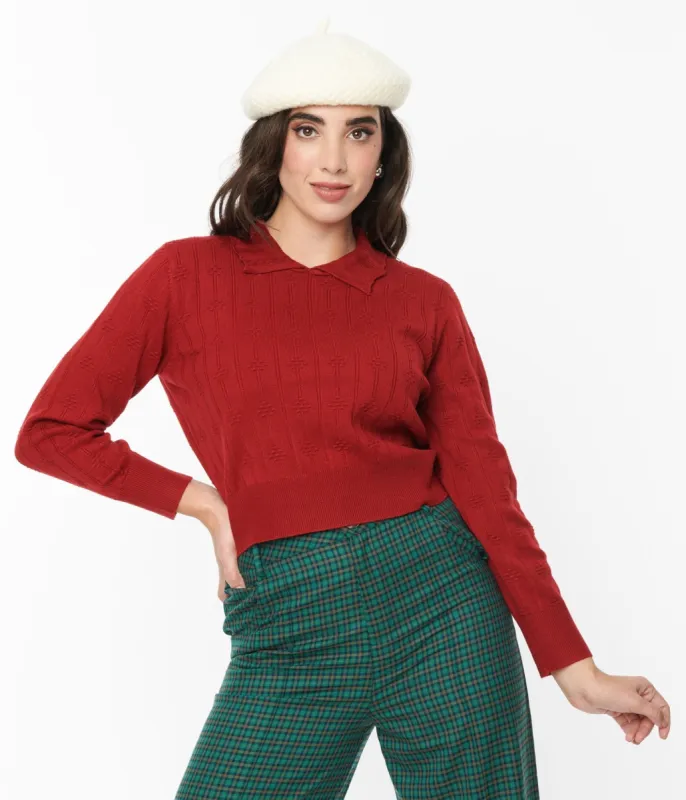 Red Textured Collared Knit Sweater sold by Unique Vintage