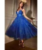 Ladivine by Cinderella Divine Royal Blue Glitter Sleeveless Tea Length Ball Gown sold by Unique Vintage
