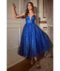 Ladivine by Cinderella Divine Royal Blue Glitter Sleeveless Tea Length Ball Gown sold by Unique Vintage