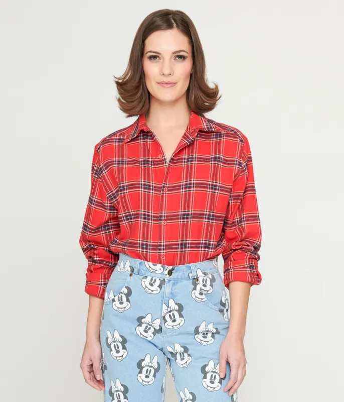 Cakeworthy Minnie Mouse Bow Red Plaid Unisex Flannel sold by Unique Vintage