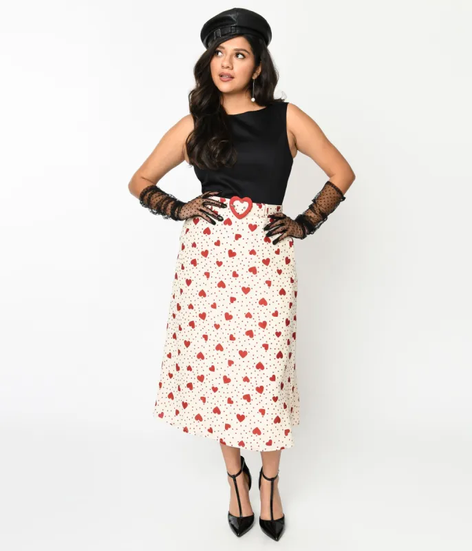 Voodoo Vixen 1940s Cream & Heart Polka Dot Midi Skirt sold by Unique Vintage