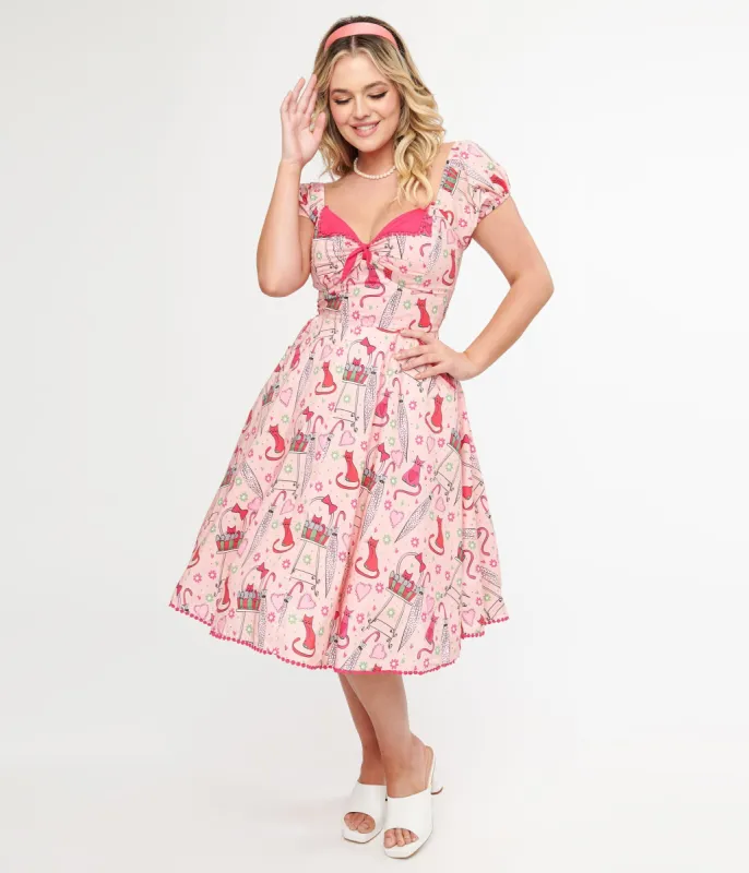 Unique Vintage 1950s Pink Caturday Print Cotton Swing Dress sold by Unique Vintage