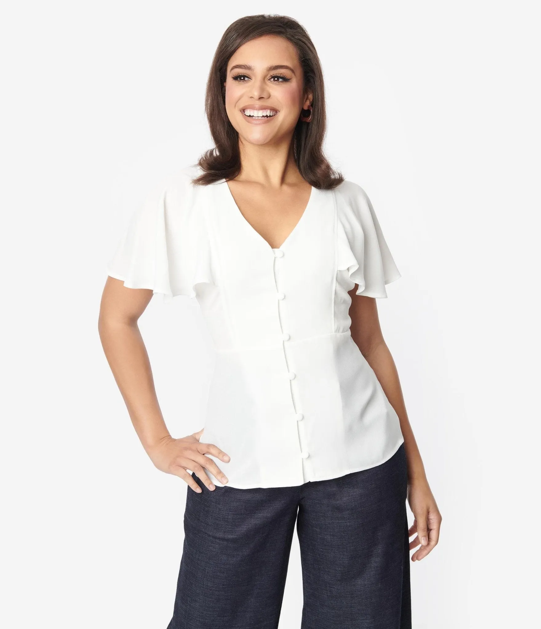 Unique Vintage 1940s White Flutter Sleeve Blouse sold by Unique Vintage product image thumbnail 4