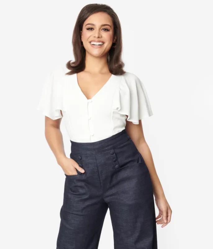 Unique Vintage 1940s White Flutter Sleeve Blouse sold by Unique Vintage