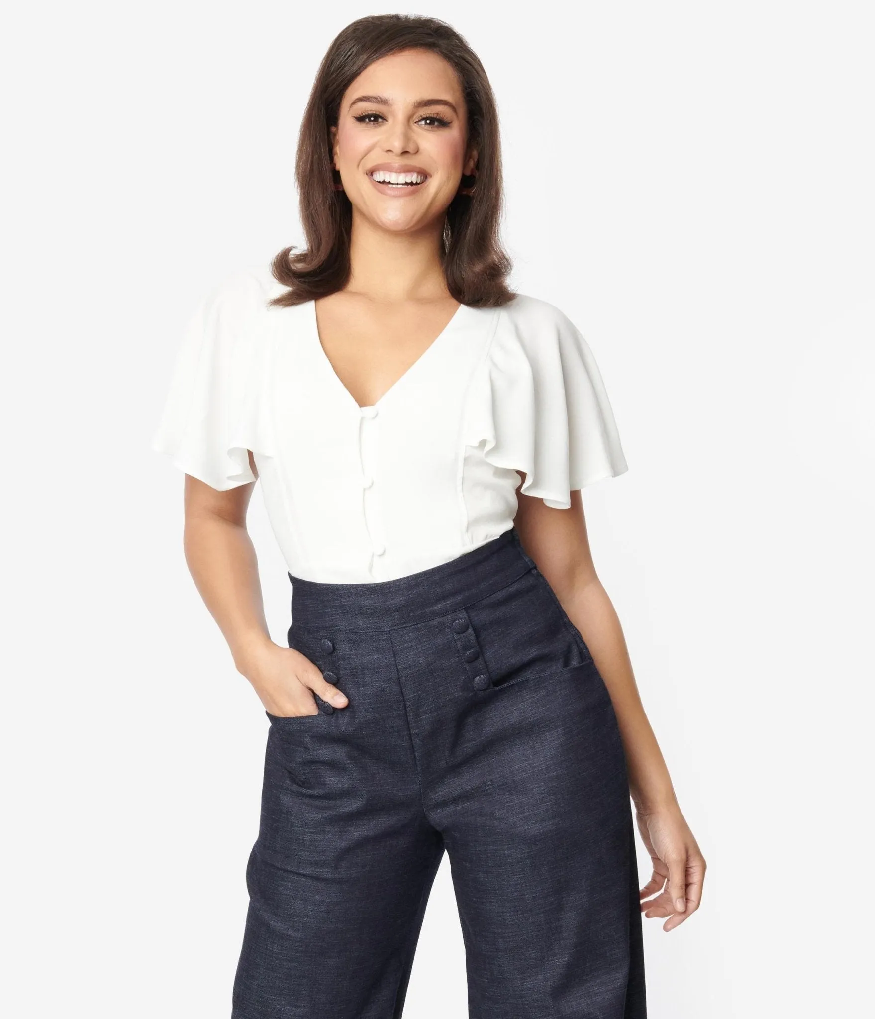 Unique Vintage 1940s White Flutter Sleeve Blouse sold by Unique Vintage