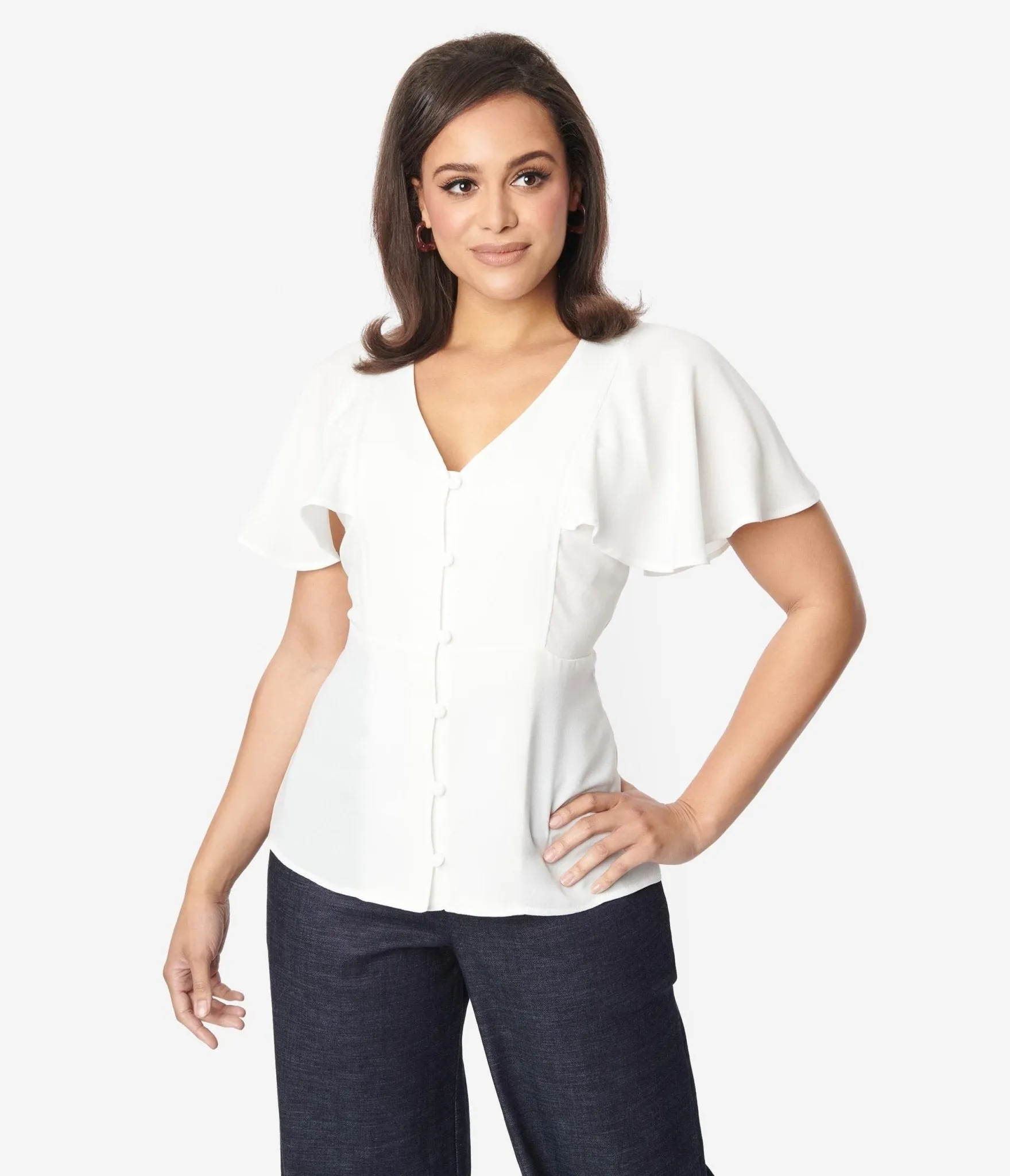 Unique Vintage 1940s White Flutter Sleeve Blouse sold by Unique Vintage product image thumbnail 5