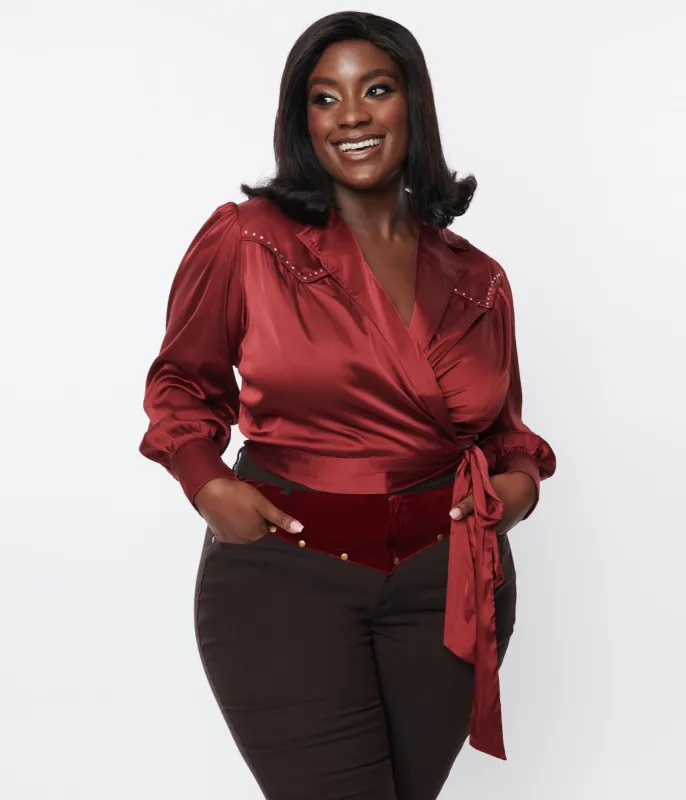 Unique Vintage Plus Size Burgundy Satin Western Wrap Crop Top made by Unique Vintage