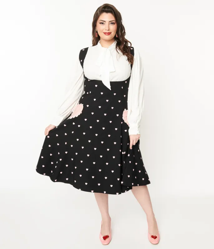 Unique Vintage Plus Size Black & Pink Heart Amma Suspender Swing Skirt made by Unique Vintage