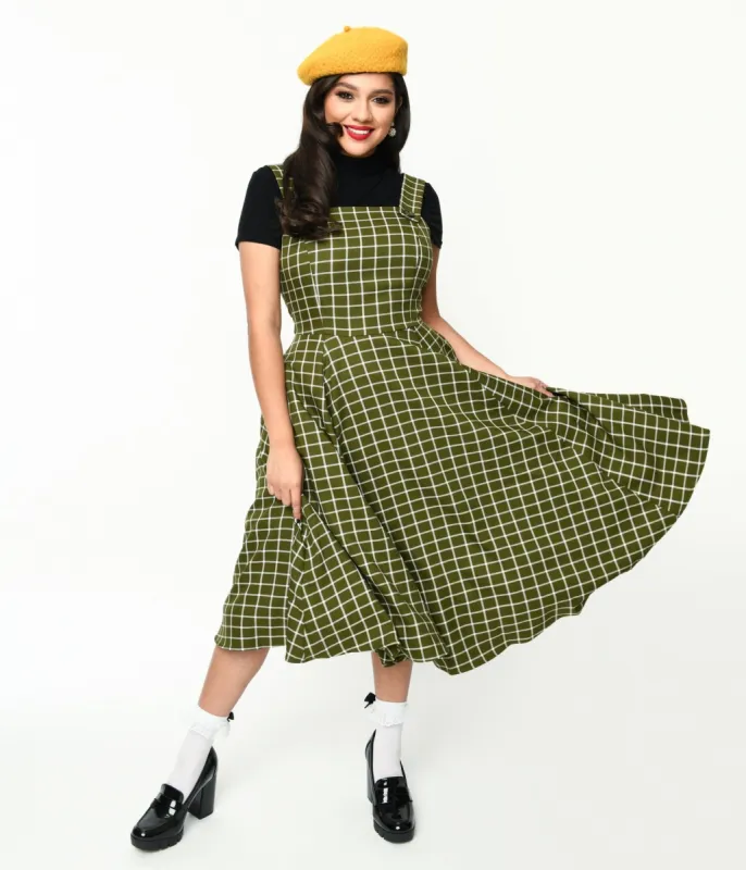 Collectif Green & White Checked Eloise Acres Swing Dress sold by Unique Vintage