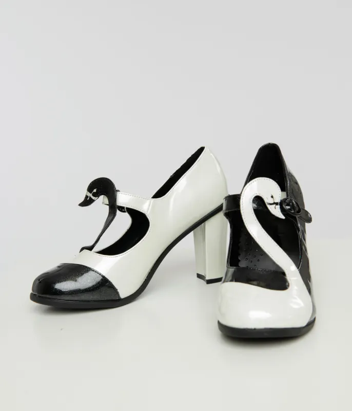 Black & White Patent Leatherette Swan Mary Jane Heels sold by Unique Vintage