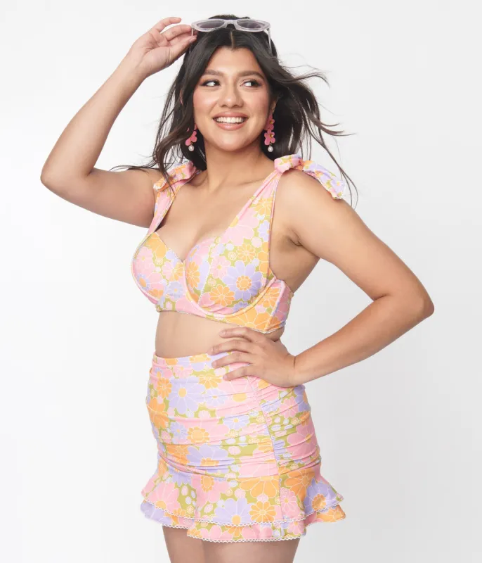 Unique Vintage Avocado & Multicolor Daisy Print Alice Swim Skirt sold by Unique Vintage