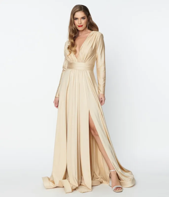 Champagne Long Sleeve Sophisticated Goddess Gown sold by Unique Vintage