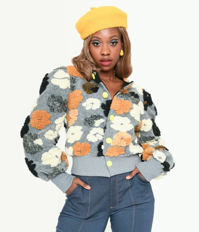 Grey & Multicolor Fluffy Floral Jacket sold by Unique Vintage
