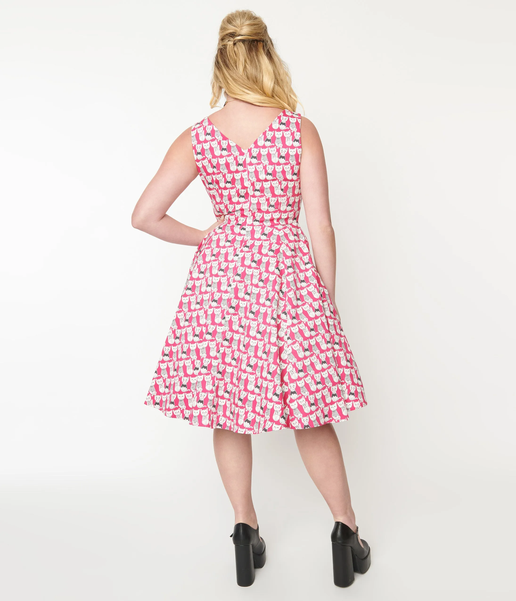 1950s Style Hot Pink Cat Print Sleeveless Swing Dress sold by Unique Vintage product image thumbnail 3