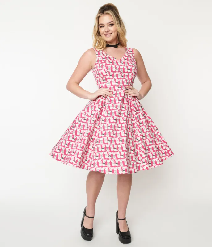 1950s Style Hot Pink Cat Print Sleeveless Swing Dress sold by Unique Vintage