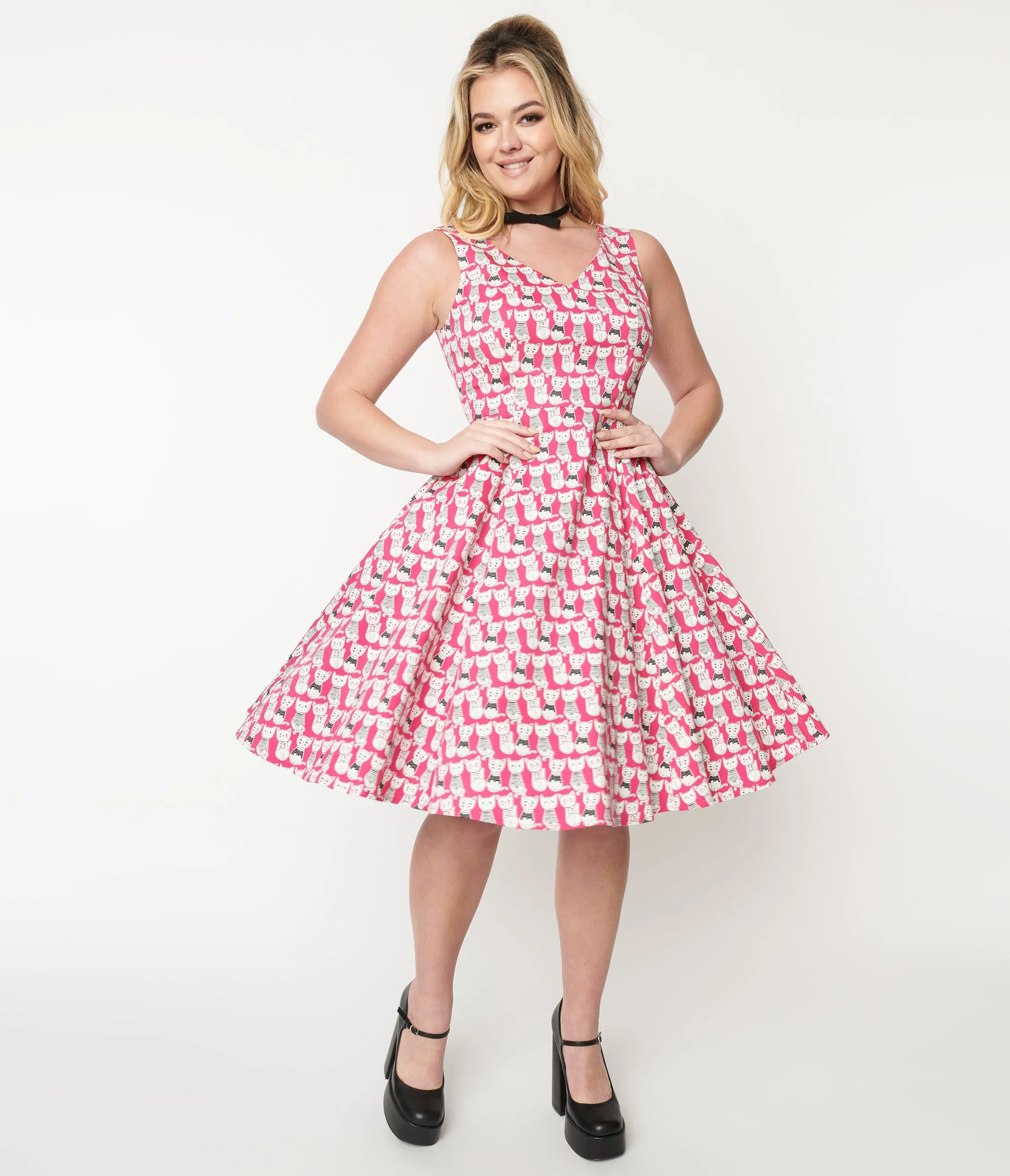 1950s Style Hot Pink Cat Print Sleeveless Swing Dress sold by Unique Vintage