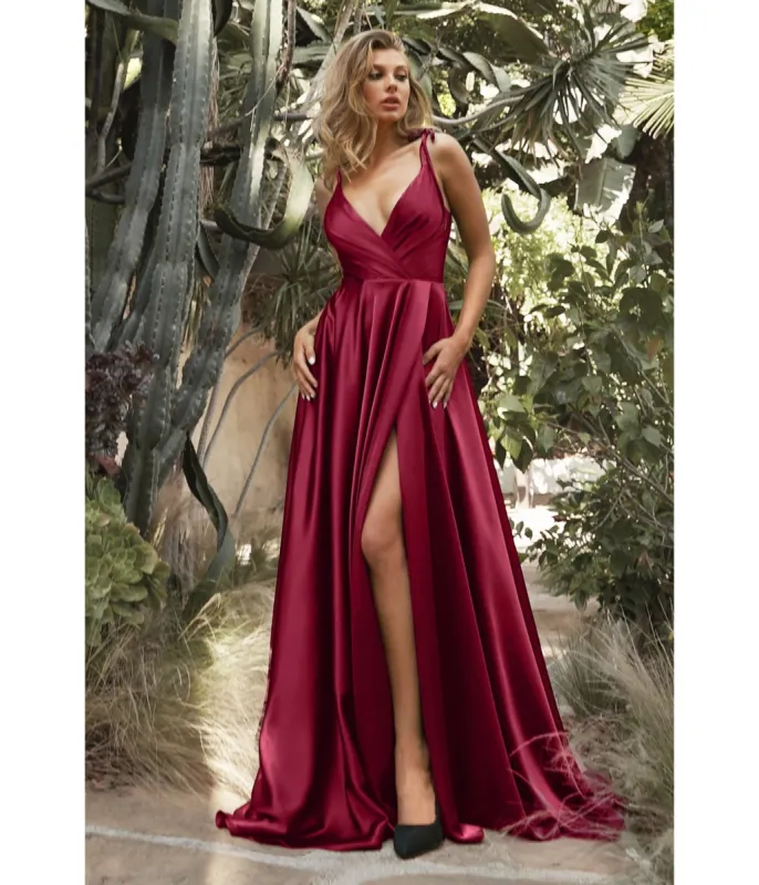 Ladivine by Cinderella Divine Burgundy Flowy Satin A-Line Bridesmaid Gown sold by Unique Vintage