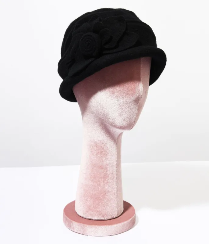 1920s Black Wool Flower Petal Cloche sold by Unique Vintage