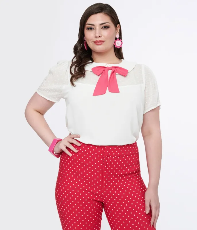 Smak Parlour Plus Size White & Pink Collared Bow Blouse sold by Unique Vintage