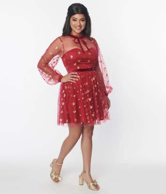 Unique Vintage Red & Gold Glitter Heart Flare Dress sold by Unique Vintage