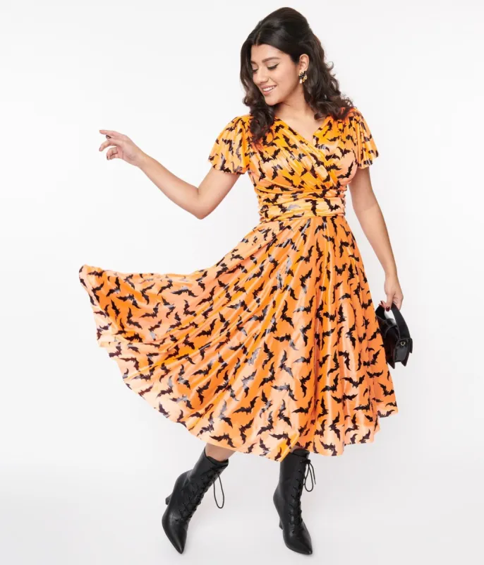 Orange & Black Bat Midori Swing Dress sold by Unique Vintage