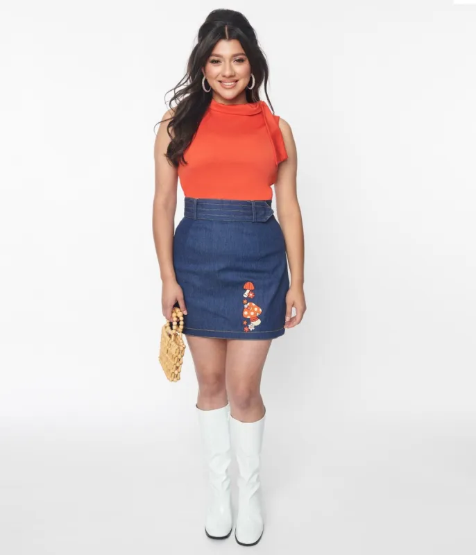 Smak Parlour Mushroom Embroidered Denim Belted Mini Skirt sold by Unique Vintage