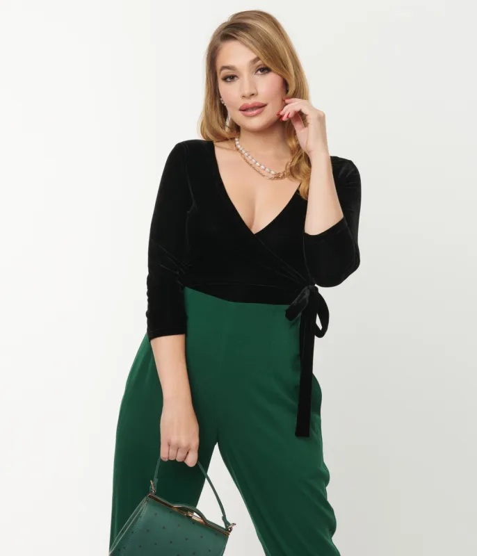 Unique Vintage 1970s Black Velvet Surplice Bodysuit sold by Unique Vintage