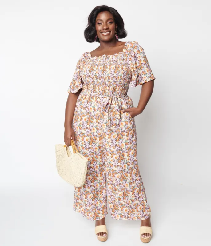 1970s Brown Daisy Floral Jumpsuit sold by Unique Vintage