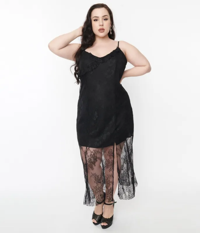 Black Lace Ruffled Midi Dress sold by Unique Vintage