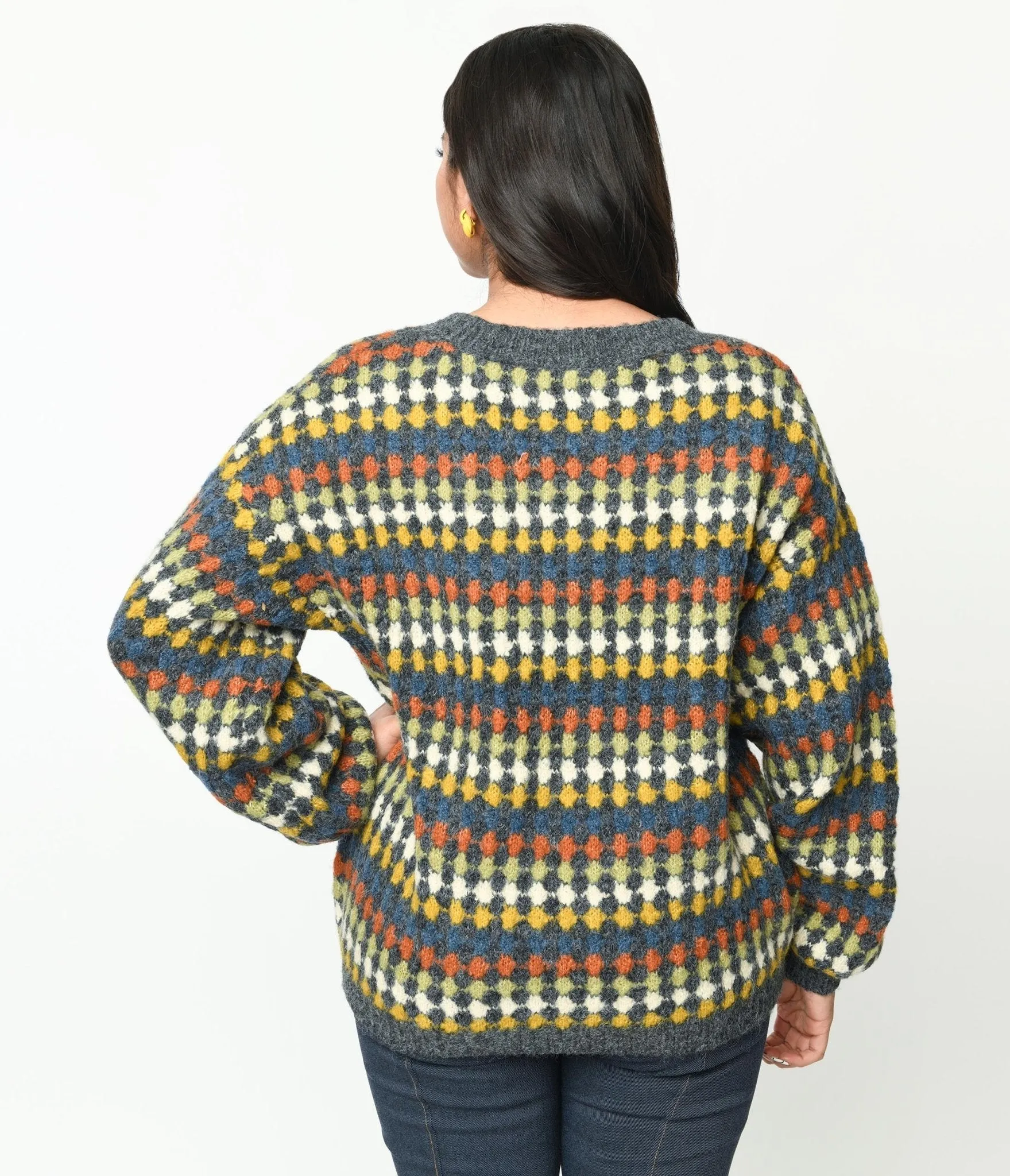 Grey & Multicolor Diamond Knit Sweater sold by Unique Vintage product image thumbnail 3