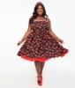 Unique Vintage Plus Size 1950s Black & Cherry Print Cotton Pinafore Swing Dress sold by Unique Vintage