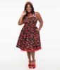 Unique Vintage Plus Size 1950s Black & Cherry Print Cotton Pinafore Swing Dress sold by Unique Vintage