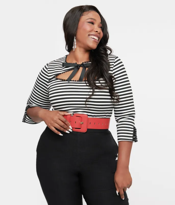 Unique Vintage Plus Size 1950s Black & White Stripe Cutout Neck Tie Top made by Unique Vintage