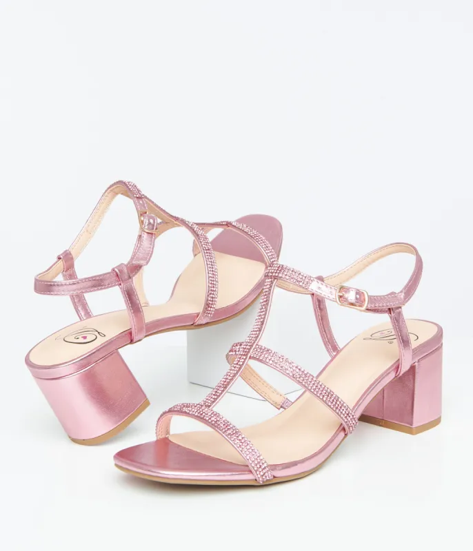 Pink Rhinestone Leatherette T-Strap Heels sold by Unique Vintage