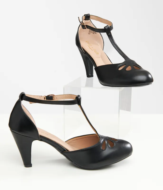 1920s Black Leatherette T-Strap Heels sold by Unique Vintage