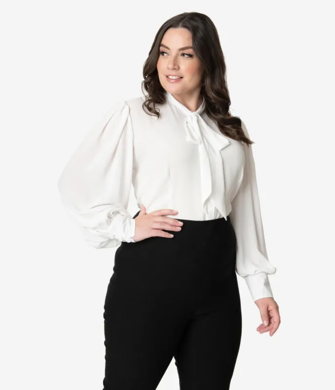 Unique Vintage Plus Size 1940s White Neck Tie Gwen Blouse sold by Unique Vintage