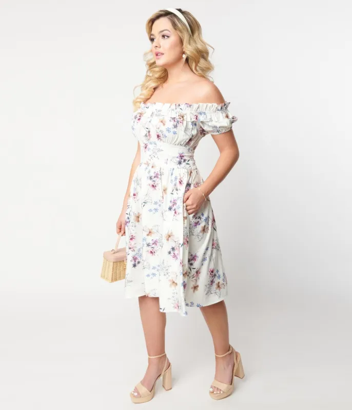 Unique Vintage Ivory Floral Off the Shoulder Ruffle Swing Dress sold by Unique Vintage