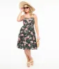 Hell Bunny 1950s Black & Pink Tropical Floral Print Cotton Calypso Swing Dress sold by Unique Vintage