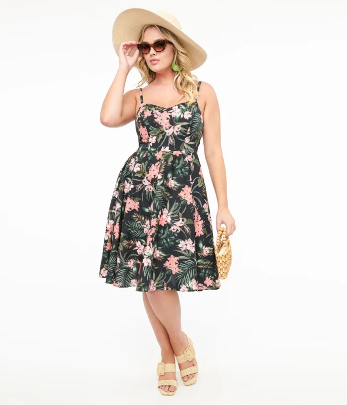 Hell Bunny 1950s Black & Pink Tropical Floral Print Cotton Calypso Swing Dress sold by Unique Vintage