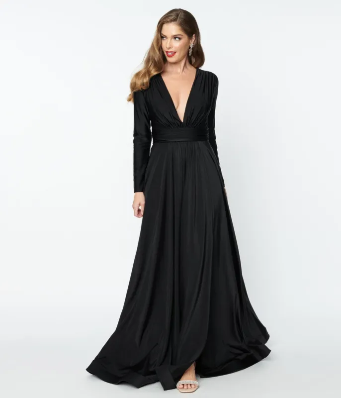 Black Long Sleeve Sophisticated Goddess Gown sold by Unique Vintage