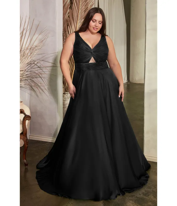 Ladivine by Cinderella Divine Plus Size Black Satin Ruched Knotted Keyhole Evening Gown sold by Unique Vintage