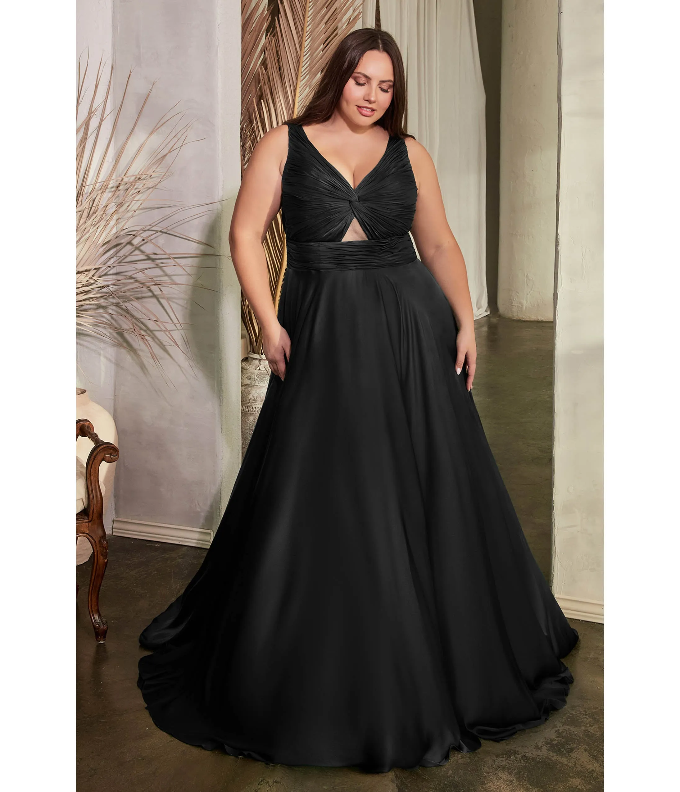 Ladivine by Cinderella Divine Plus Size Black Satin Ruched Knotted Keyhole Evening Gown sold by Unique Vintage
