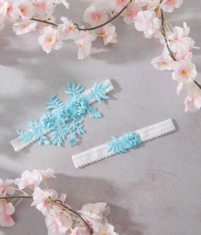 Aqua Blue Rhinestone Floral Garter Set made by Unique Vintage