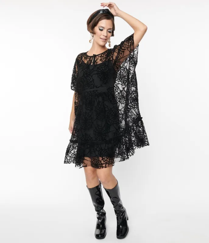 Smak Parlour 1970s Black Spiderweb Mesh Mini Caftan sold by Unique Vintage