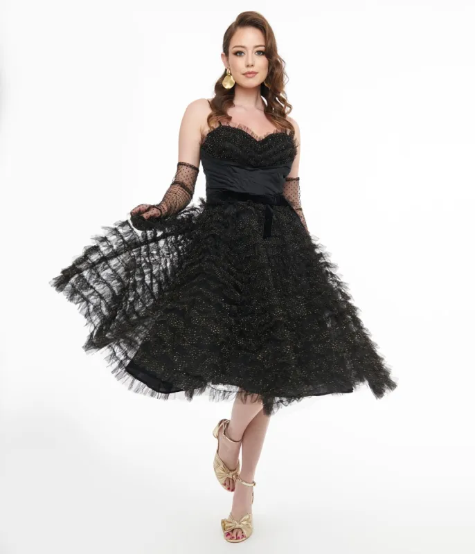 Unique Vintage 1950s Black & Gold Glitter Tulle Cupcake Swing Dress sold by Unique Vintage