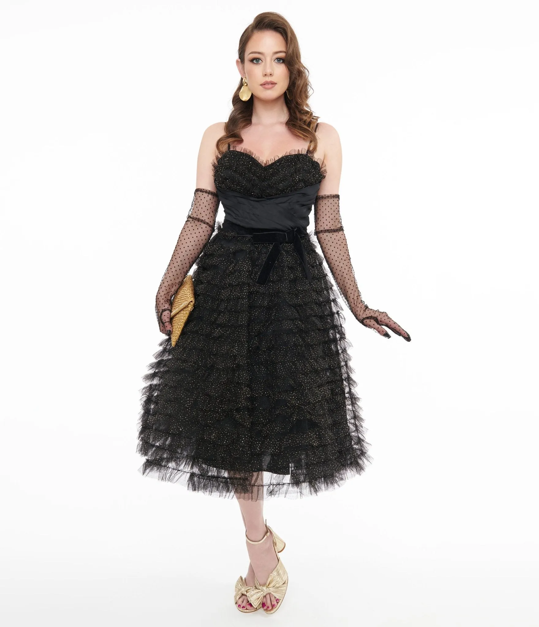 Unique Vintage 1950s Black & Gold Glitter Tulle Cupcake Swing Dress sold by Unique Vintage product image thumbnail 3